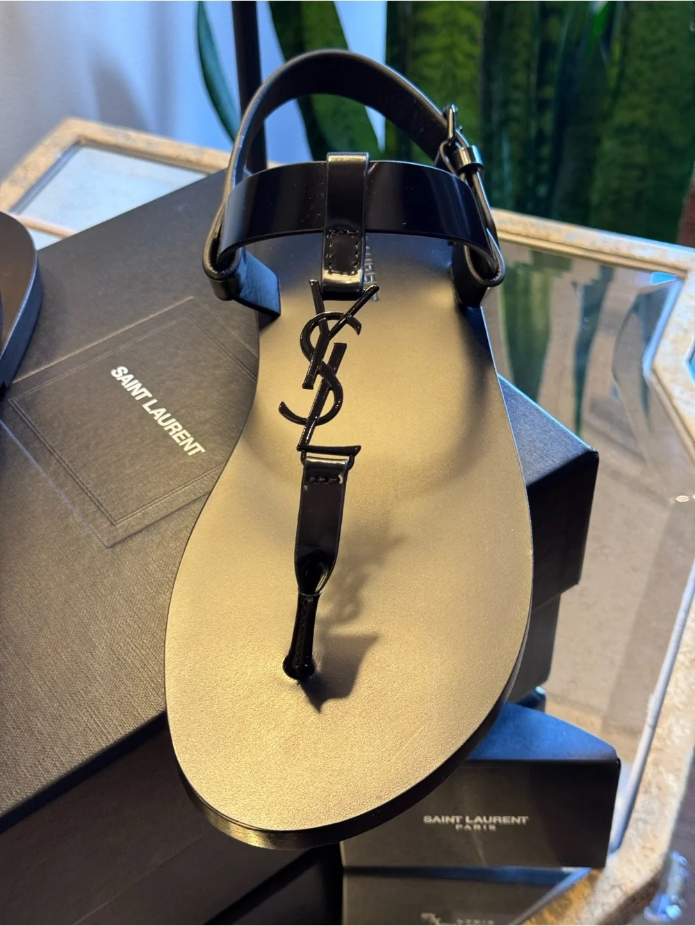 AUTHENTIC Saint Laurent Cassandre Leather Sandals In Black - Size 42